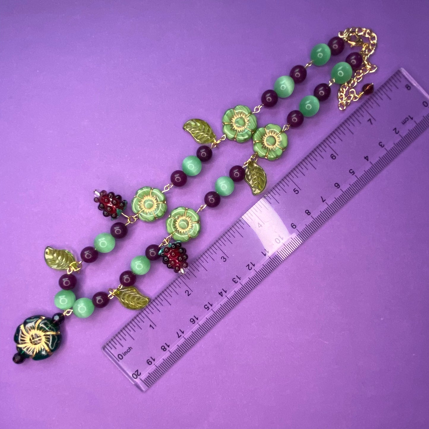 Concord Vineyard green and purple beaded necklace, gold