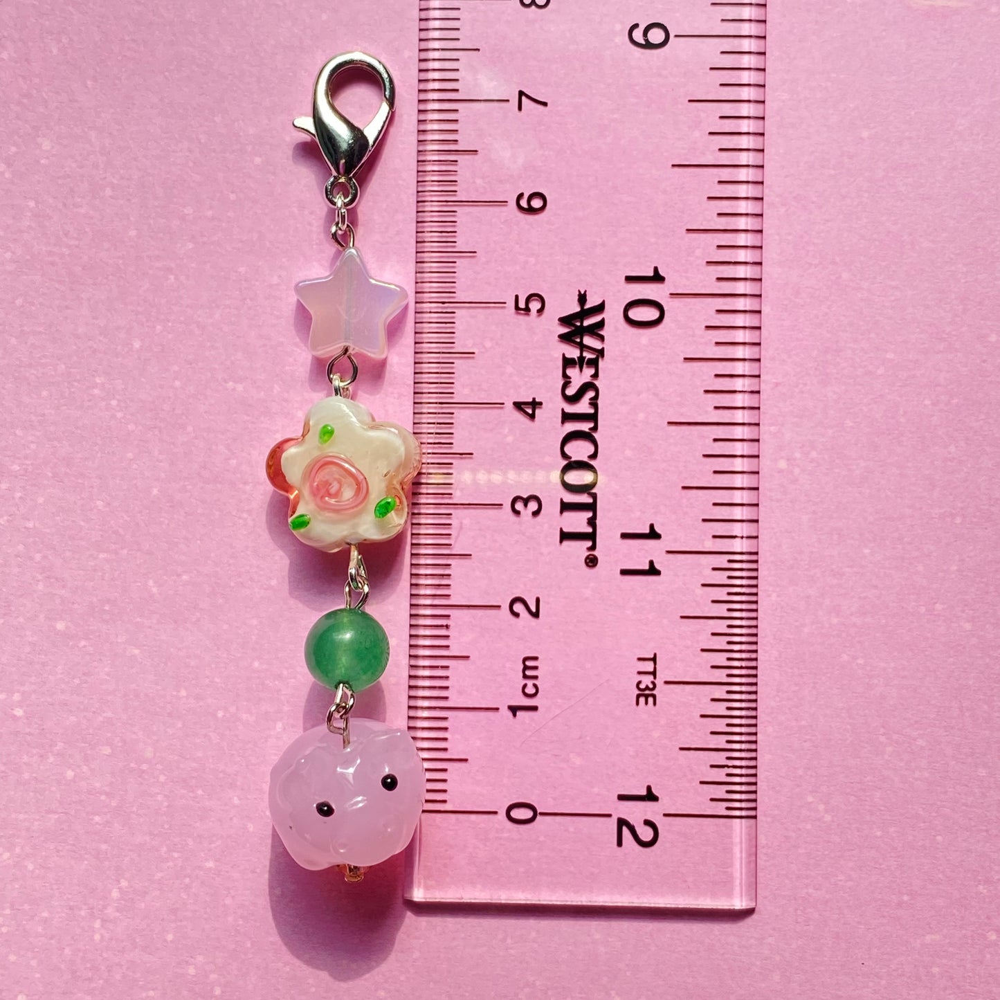 Pink flowery piggy keychain, silver