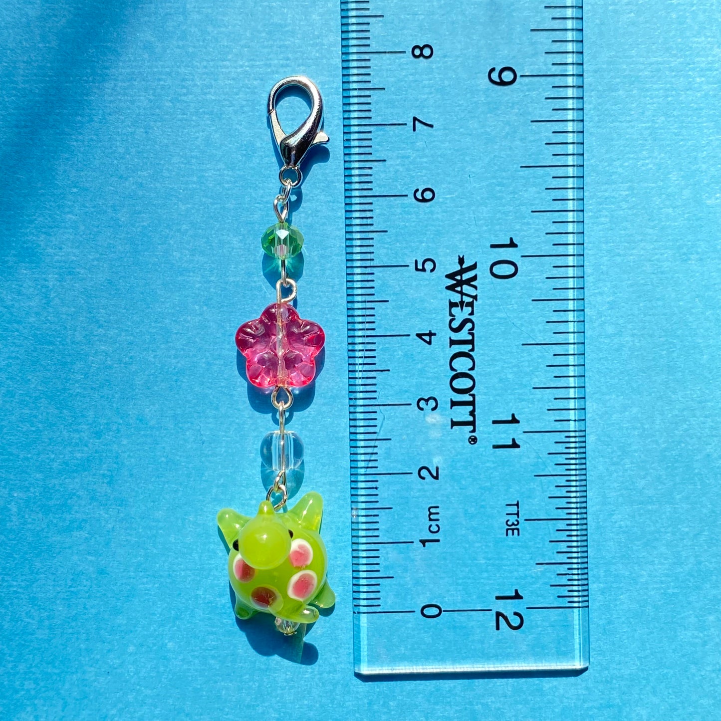 Pink and green floral Turtle keychain, silver