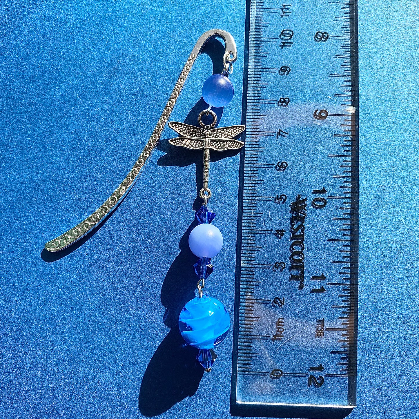 Blue pond dragonfly silver bookmark