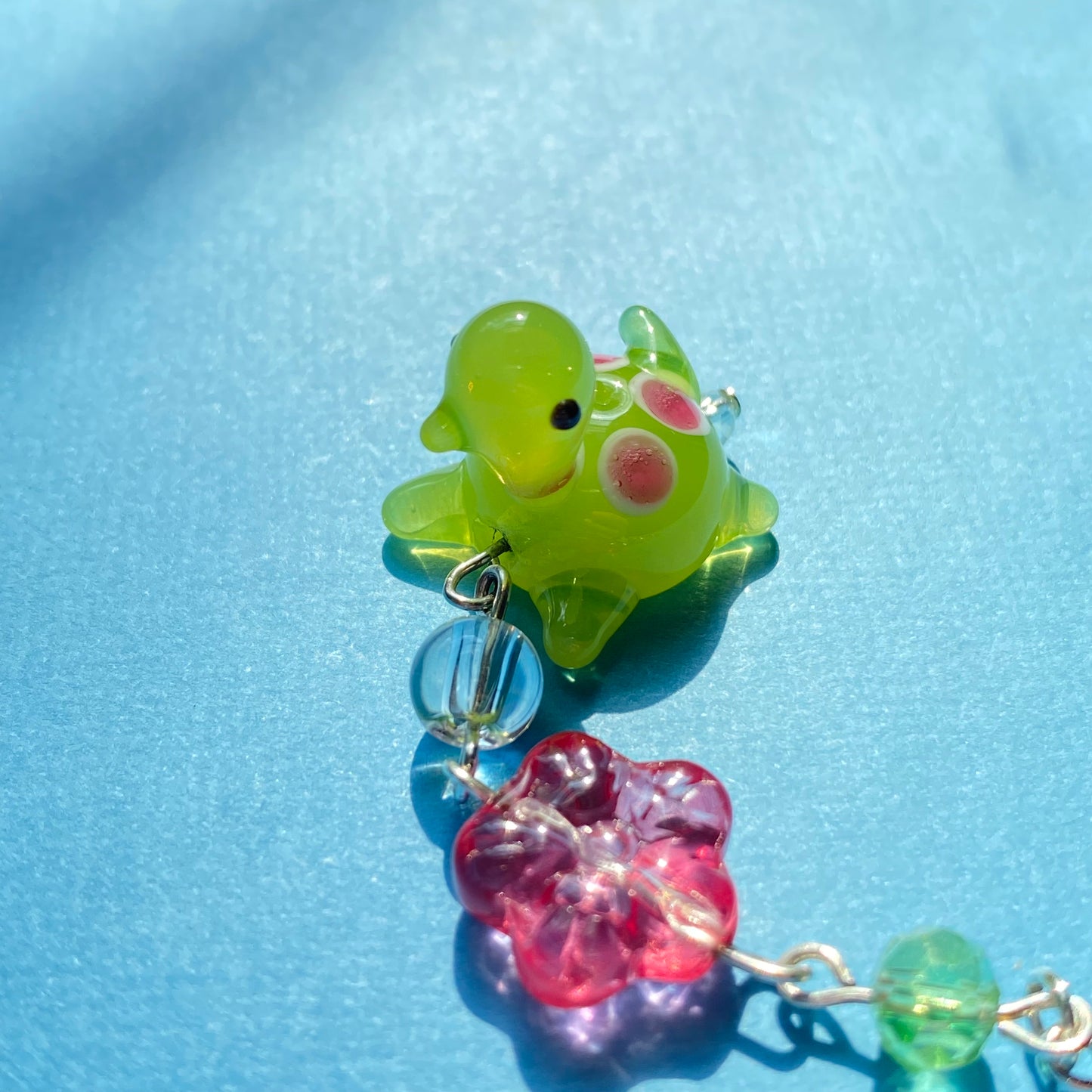 Pink and green floral Turtle keychain, silver