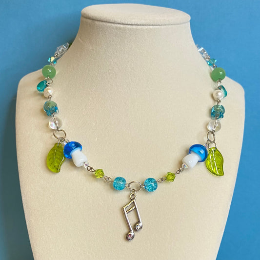 Frutiger aero silver bead necklace, music note charm