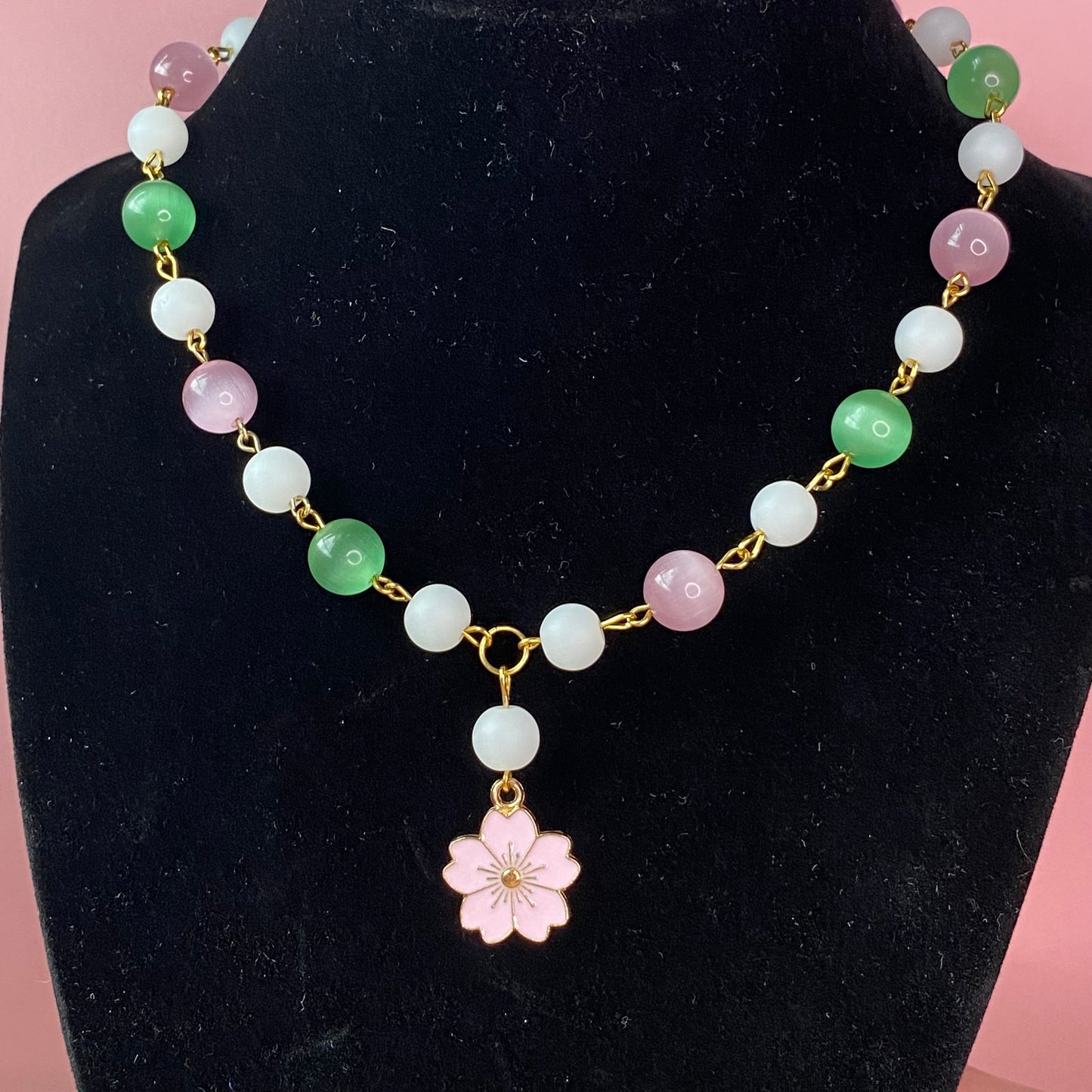 Sakura cherry blossom green and pink necklace