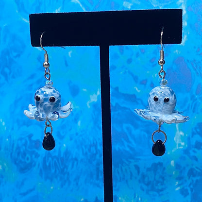 Blue and Green deep sea octopus earrings, silver (One Pair)