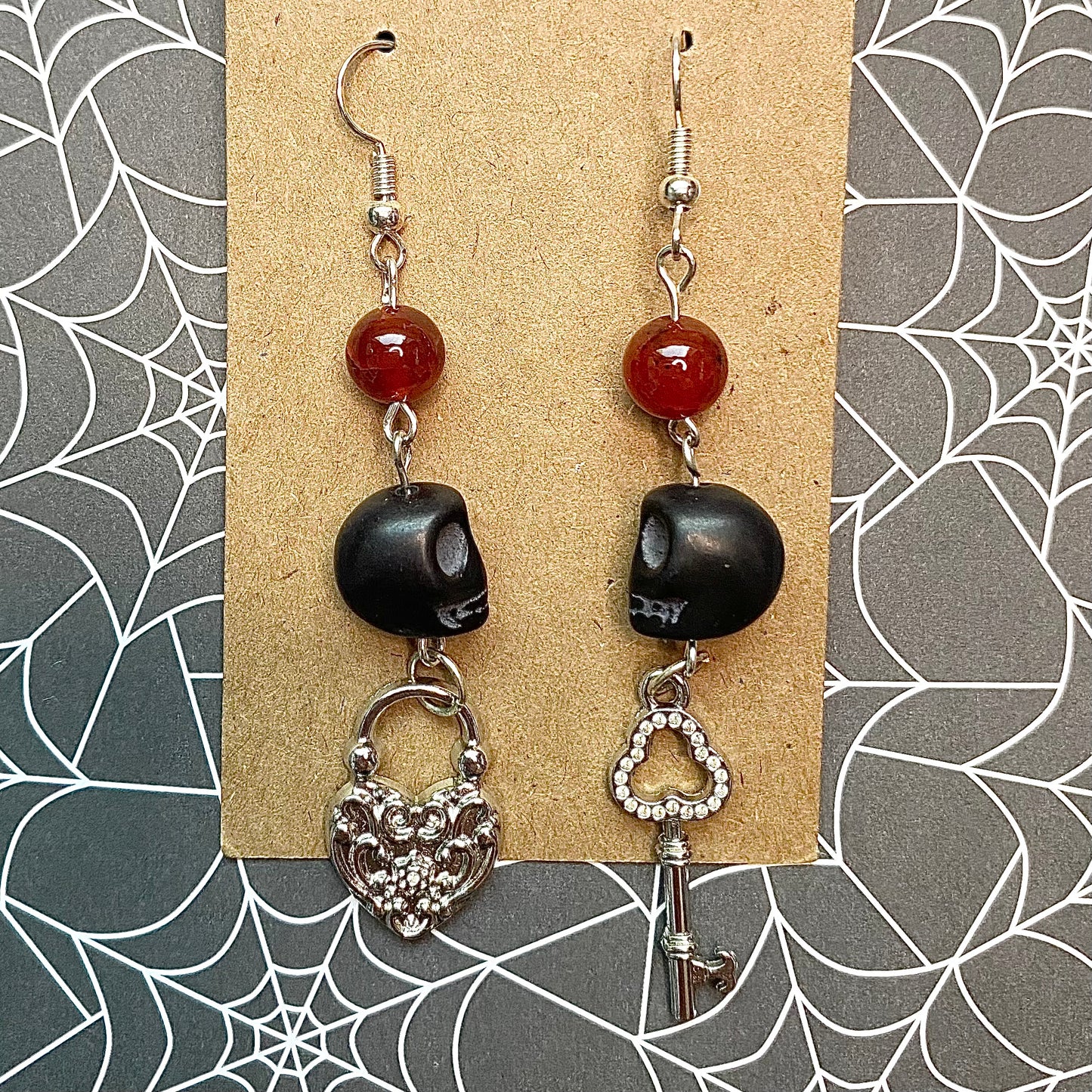 Red and Black Rosary style lock and key Jewelry set (bracelet and earrings)