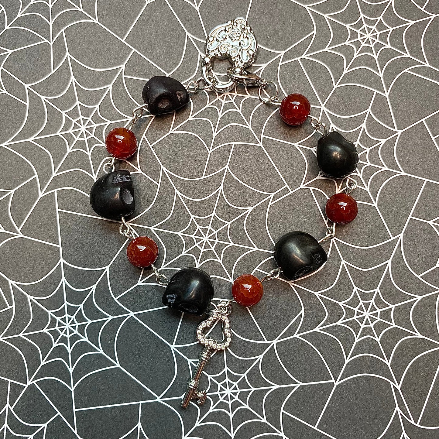 Red and Black Rosary style lock and key Jewelry set (bracelet and earrings)