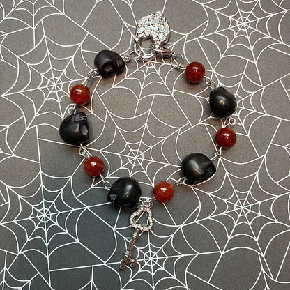 Red and Black Rosary style lock and key Jewelry set (bracelet and earrings)