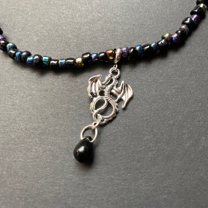 Black and Chrome seed bead Silver Dragon Necklace
