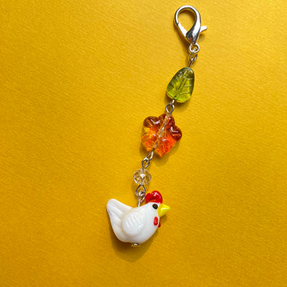 Autumn flower and chicken keychain, silver