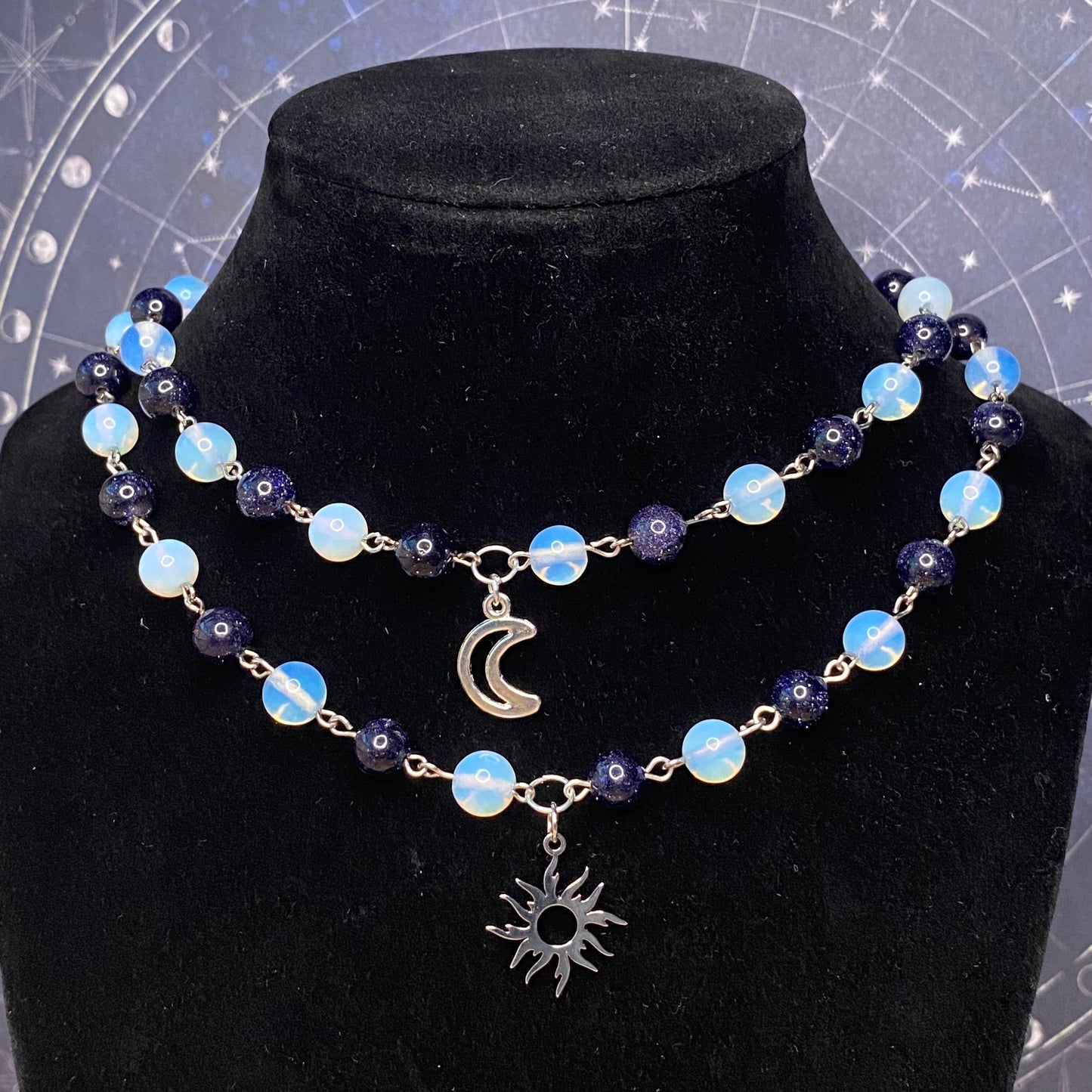 Astronomy Necklace, sun and moon with matching star earrings