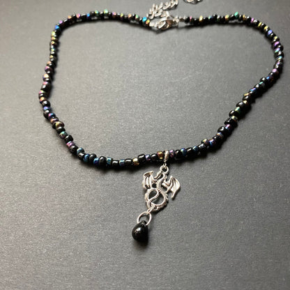 Black and Chrome seed bead Silver Dragon Necklace