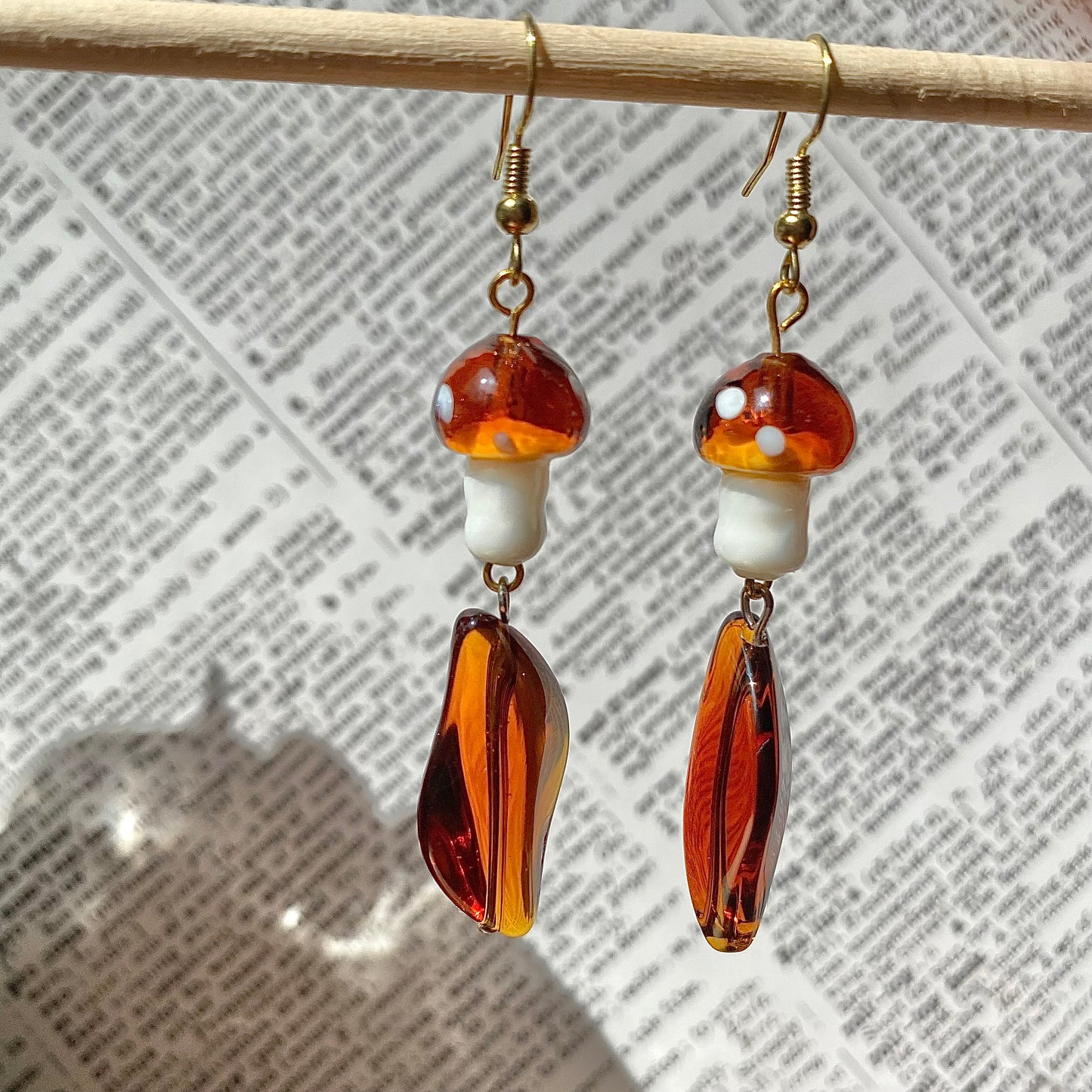 Fall Amber mushroom Fairy earrings gold