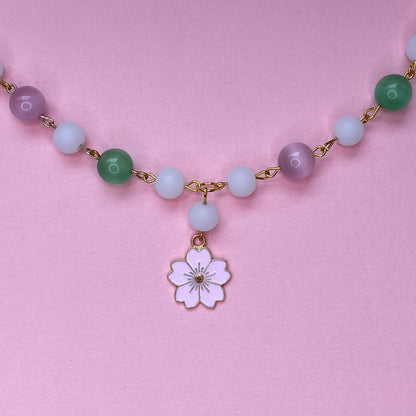 Sakura cherry blossom green and pink necklace