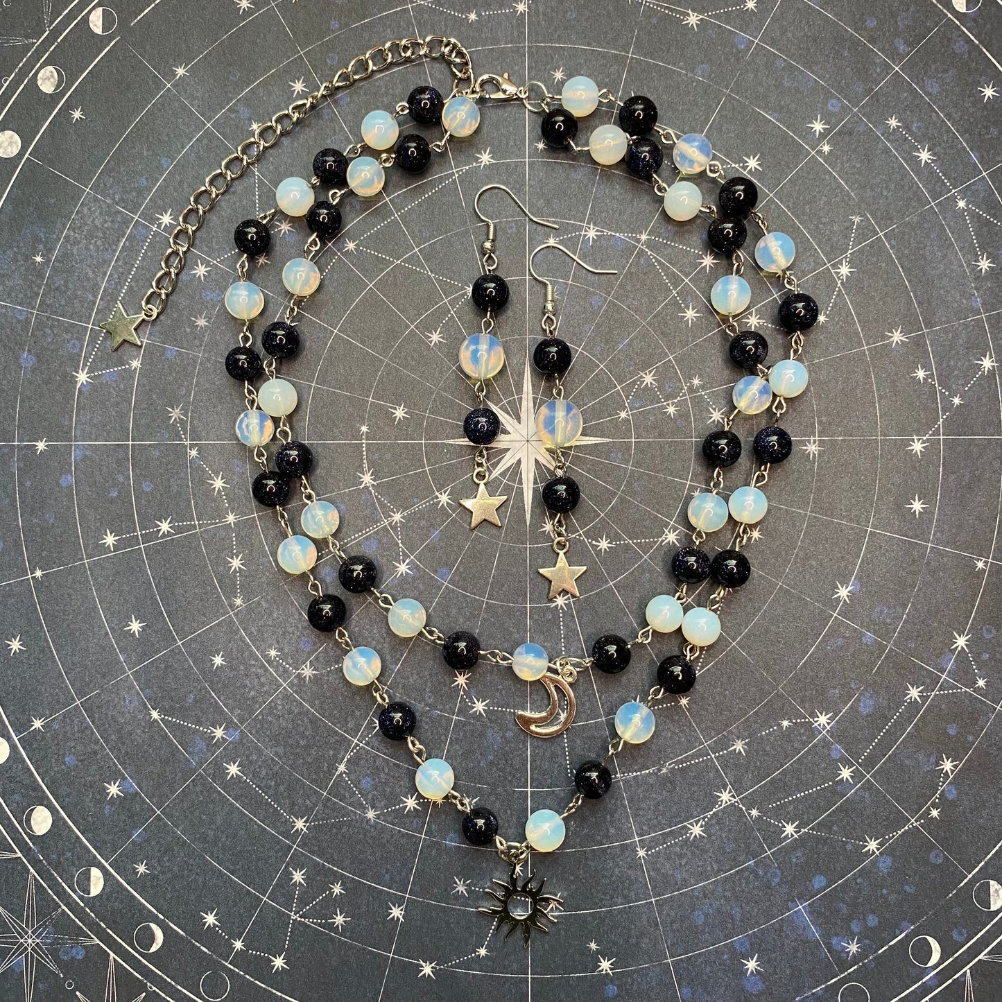 Astronomy Necklace, sun and moon with matching star earrings