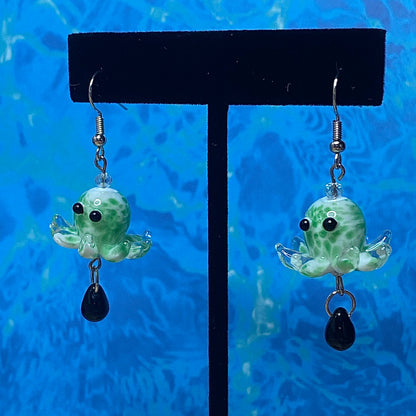 Blue and Green deep sea octopus earrings, silver (One Pair)