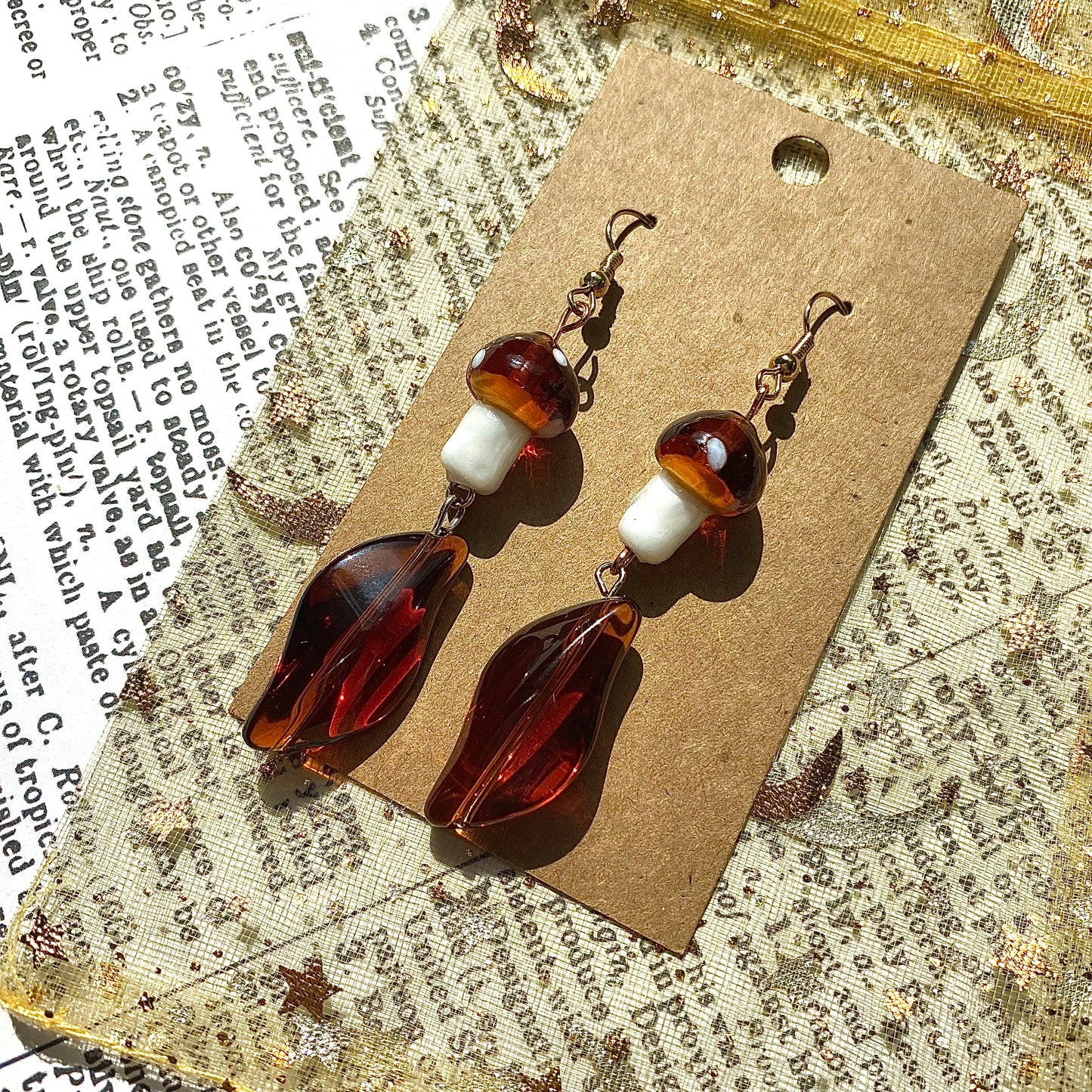 Fall Amber mushroom Fairy earrings gold