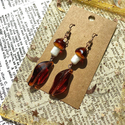 Fall Amber mushroom Fairy earrings gold