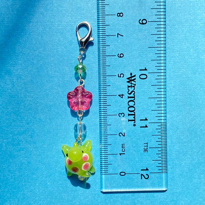 Pink and green floral Turtle keychain, silver