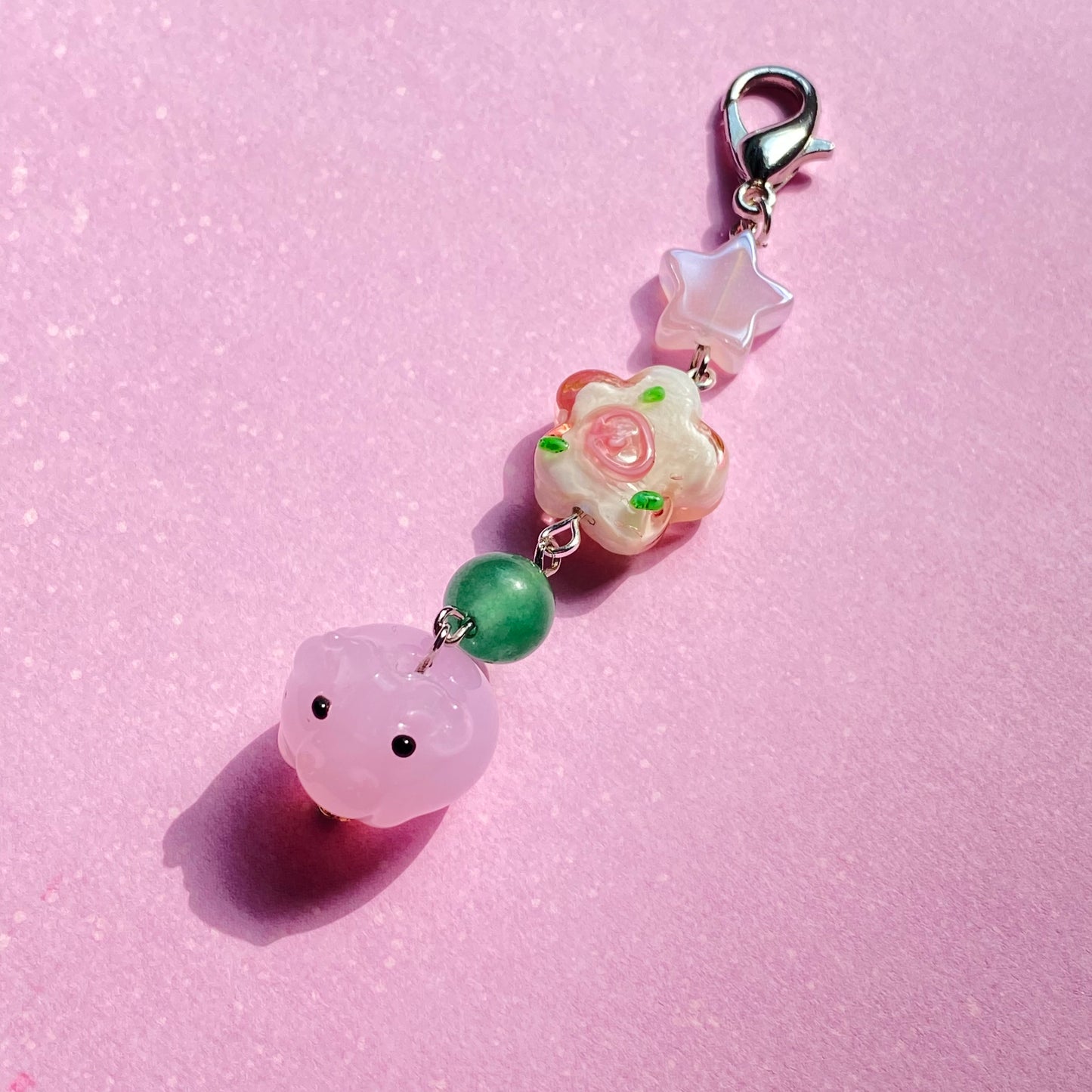 Pink flowery piggy keychain, silver