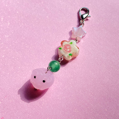 Pink flowery piggy keychain, silver