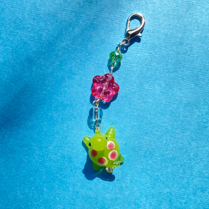Pink and green floral Turtle keychain, silver