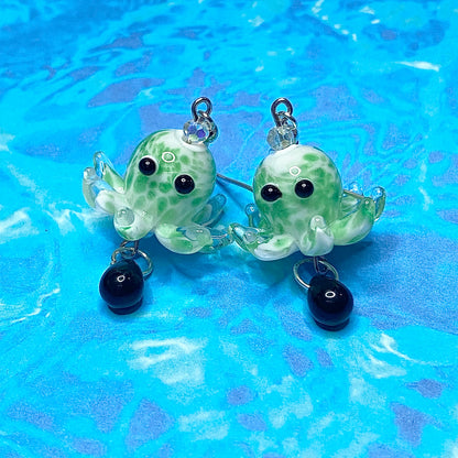 Blue and Green deep sea octopus earrings, silver (One Pair)