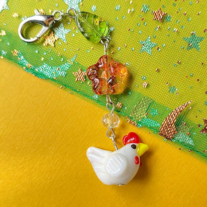 Autumn flower and chicken keychain, silver
