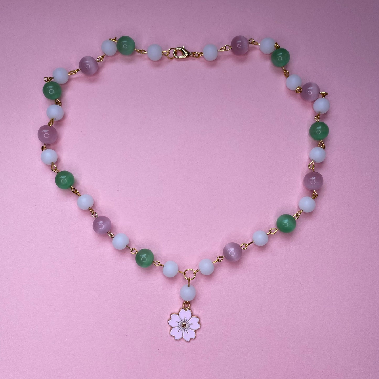 Sakura cherry blossom green and pink necklace