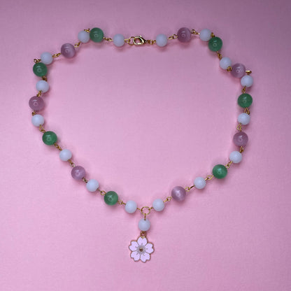 Sakura cherry blossom green and pink necklace