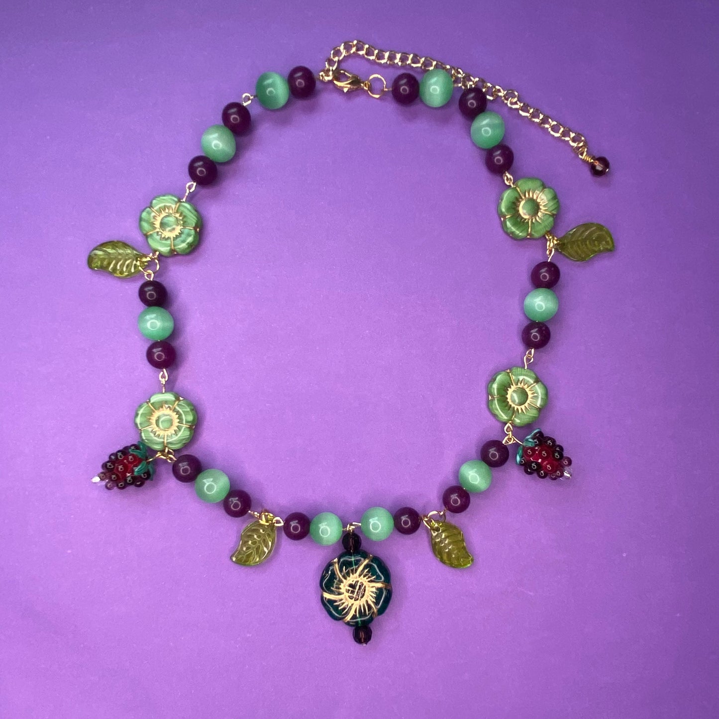 Concord Vineyard green and purple beaded necklace, gold