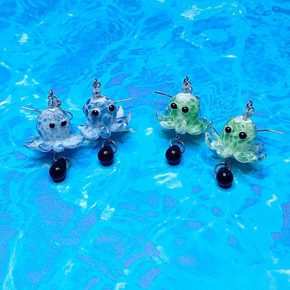 Blue and Green deep sea octopus earrings, silver (One Pair)
