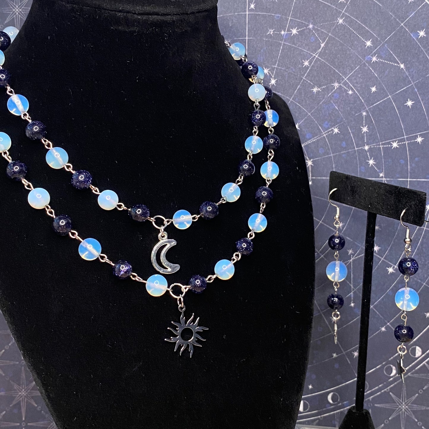Astronomy Necklace, sun and moon with matching star earrings