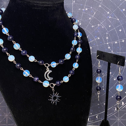 Astronomy Necklace, sun and moon with matching star earrings