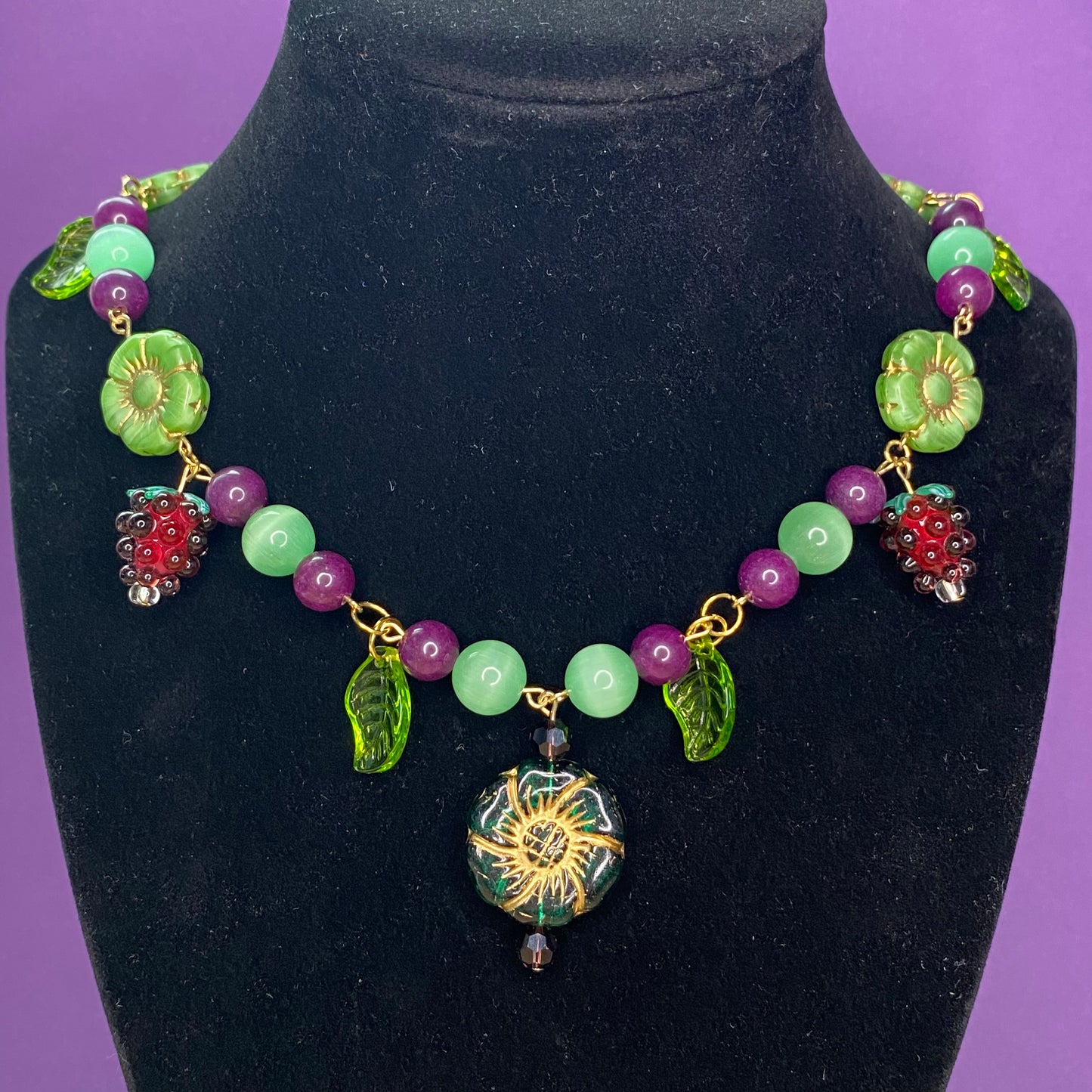Concord Vineyard green and purple beaded necklace, gold