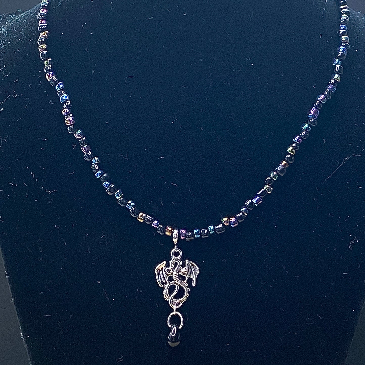 Black and Chrome seed bead Silver Dragon Necklace