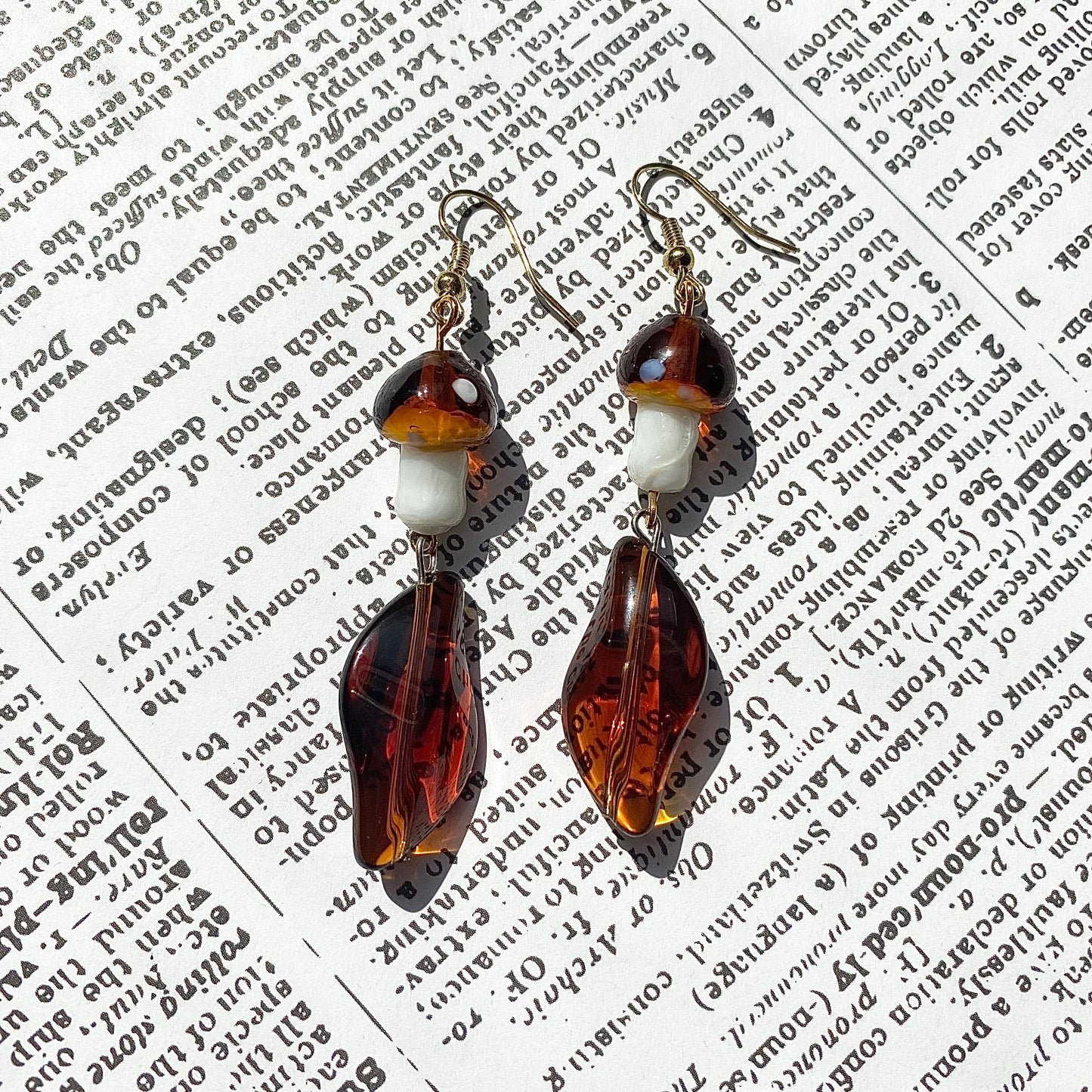 Fall Amber mushroom Fairy earrings gold
