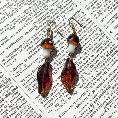 Fall Amber mushroom Fairy earrings gold