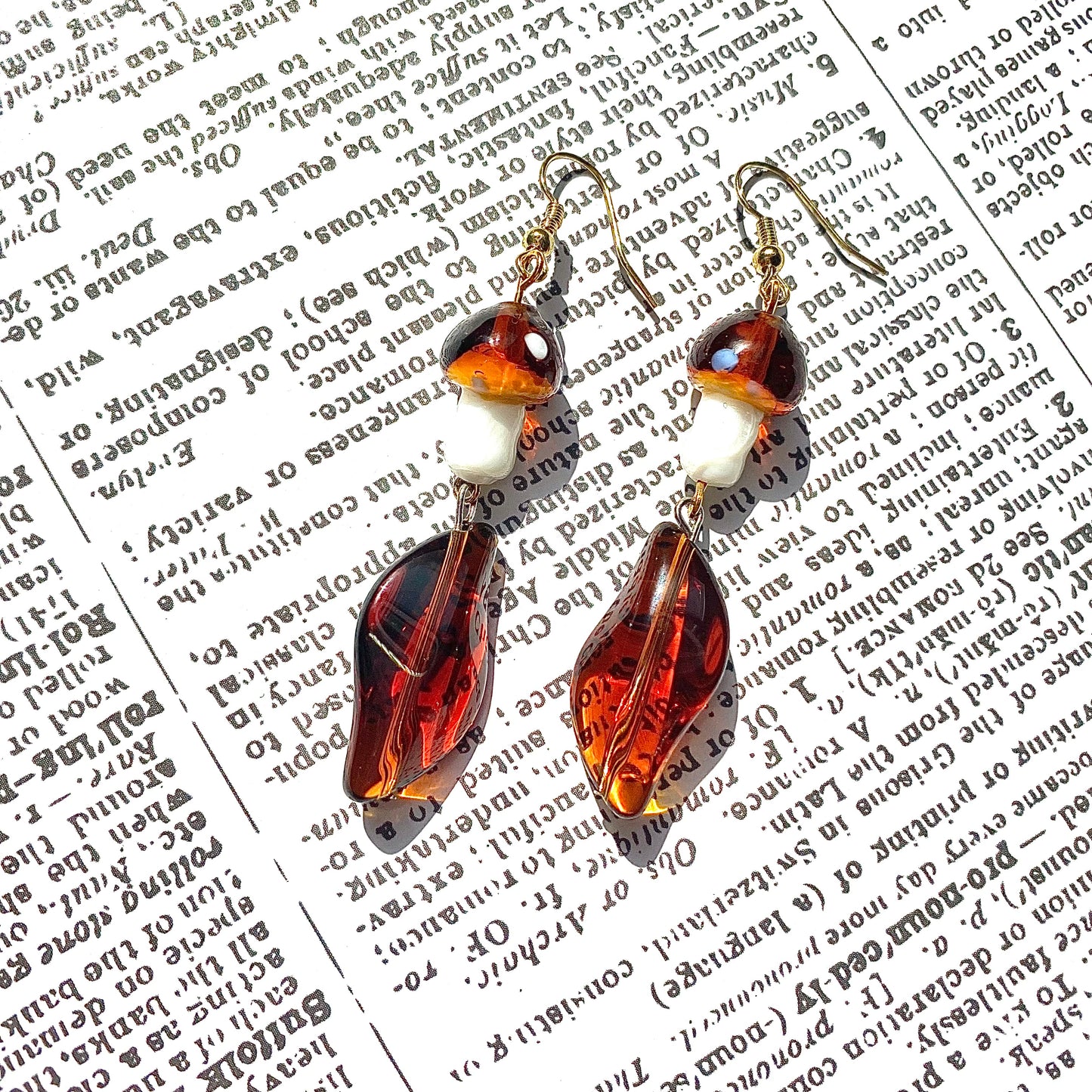 Fall Amber mushroom Fairy earrings gold
