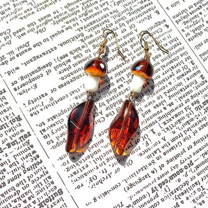 Fall Amber mushroom Fairy earrings gold
