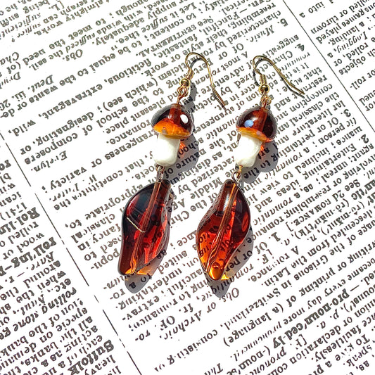 Fall Amber mushroom Fairy earrings gold