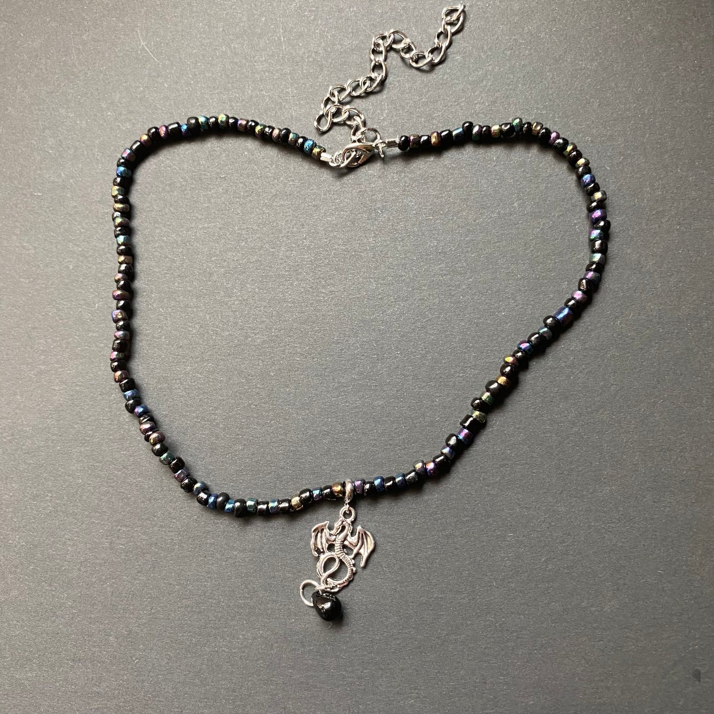 Black and Chrome seed bead Silver Dragon Necklace