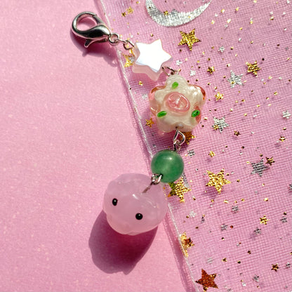 Pink flowery piggy keychain, silver