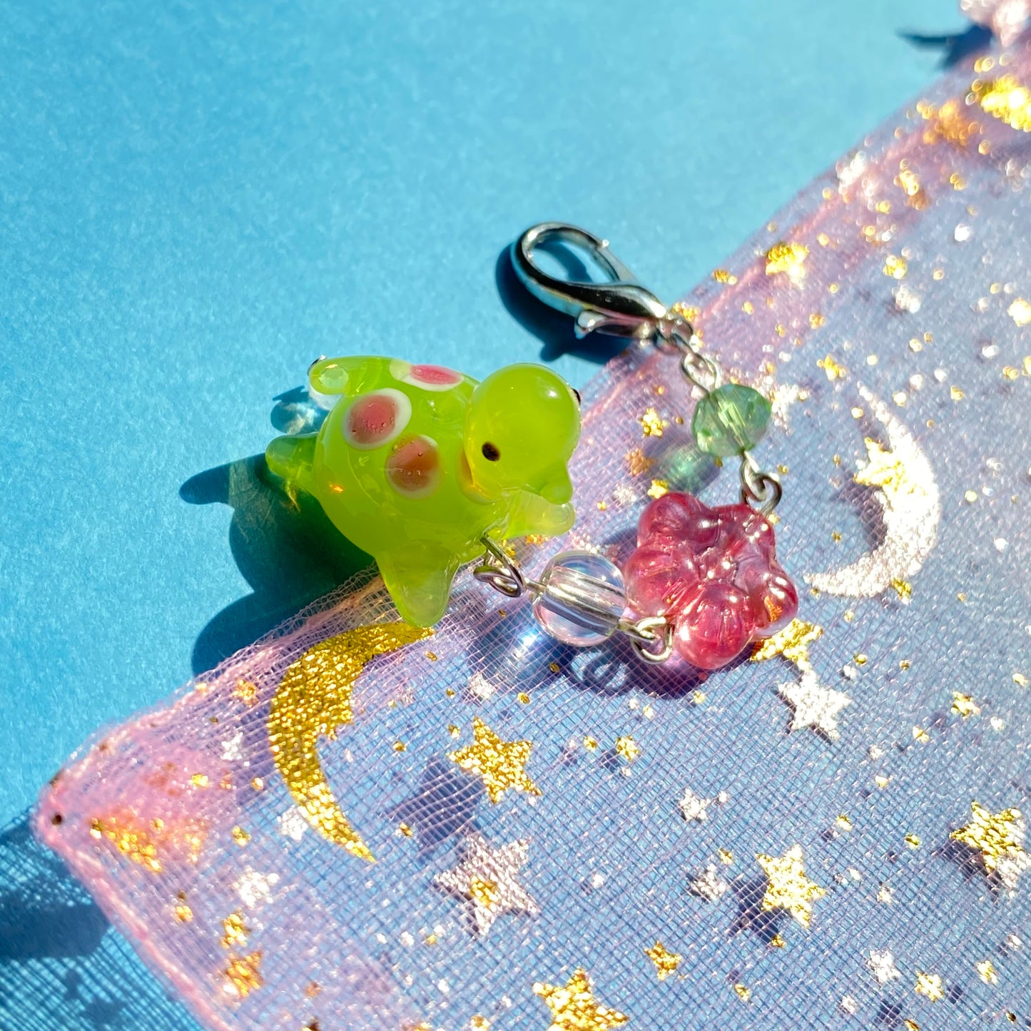 Pink and green floral Turtle keychain, silver