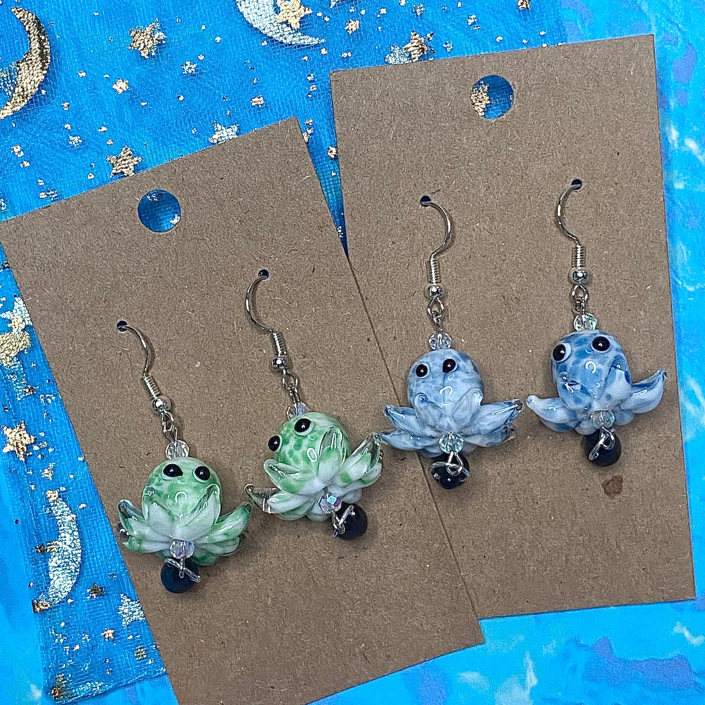 Blue and Green deep sea octopus earrings, silver (One Pair)
