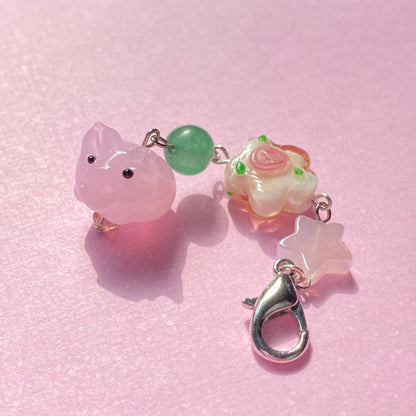 Pink flowery piggy keychain, silver