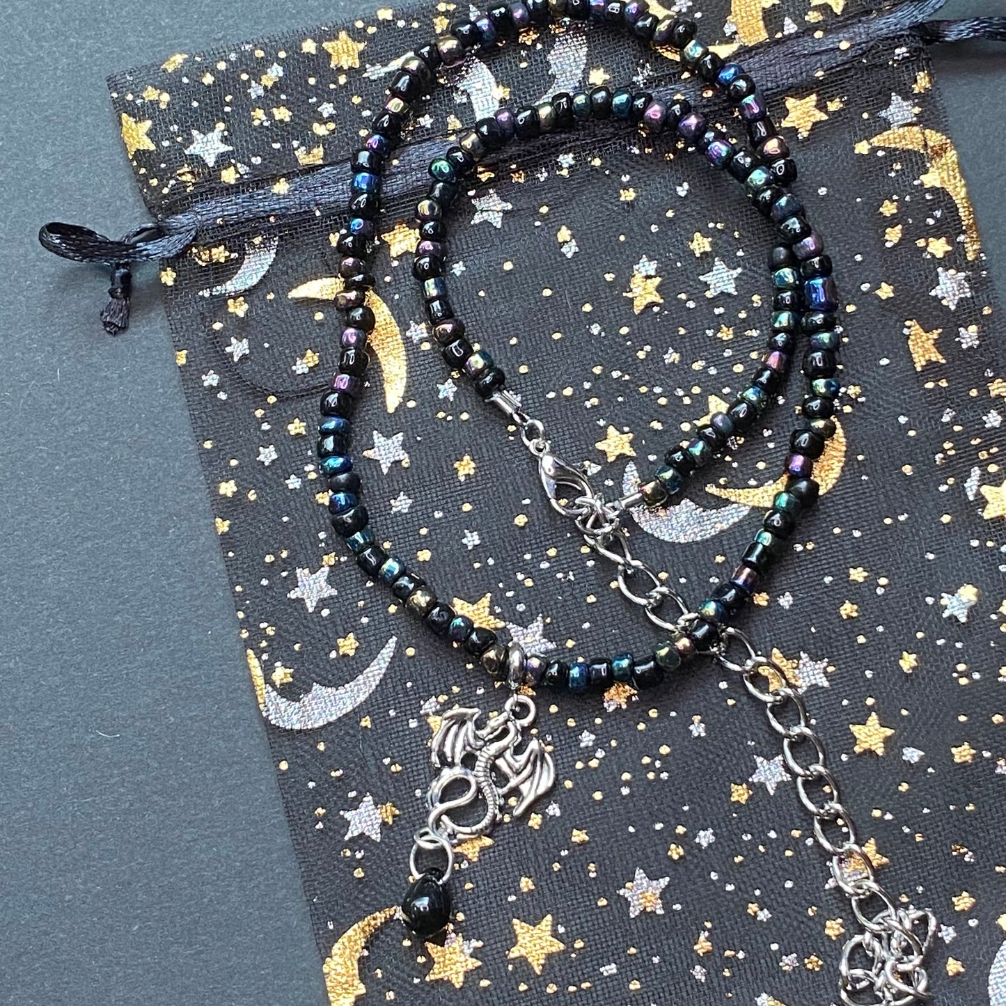 Black and Chrome seed bead Silver Dragon Necklace