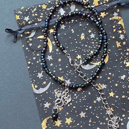 Black and Chrome seed bead Silver Dragon Necklace