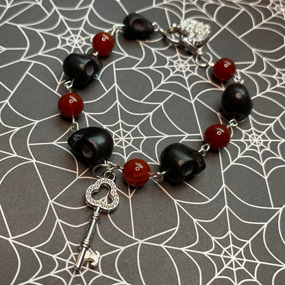 Red and Black Rosary style lock and key Jewelry set (bracelet and earrings)