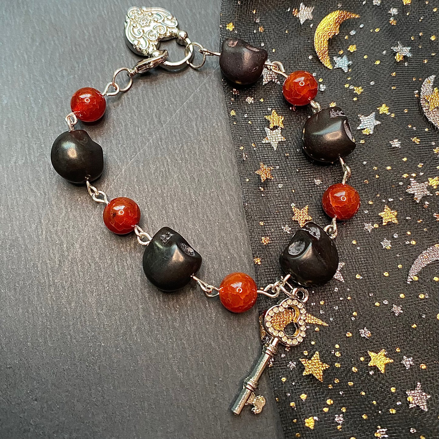 Red and Black Rosary style lock and key Jewelry set (bracelet and earrings)