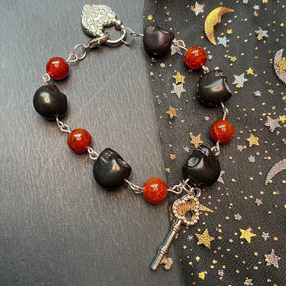 Red and Black Rosary style lock and key Jewelry set (bracelet and earrings)